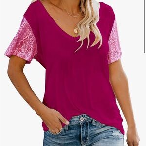 Women's Pink Sequin Sleeve Top